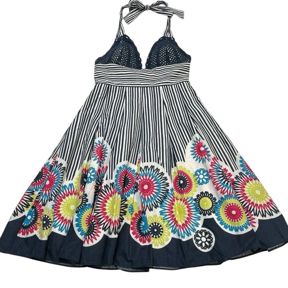 Lyndia Procanik Y2K Dress Womens 4 Blue Mixed Floral Striped Crochet Mini Boho - Picture 1 of 9